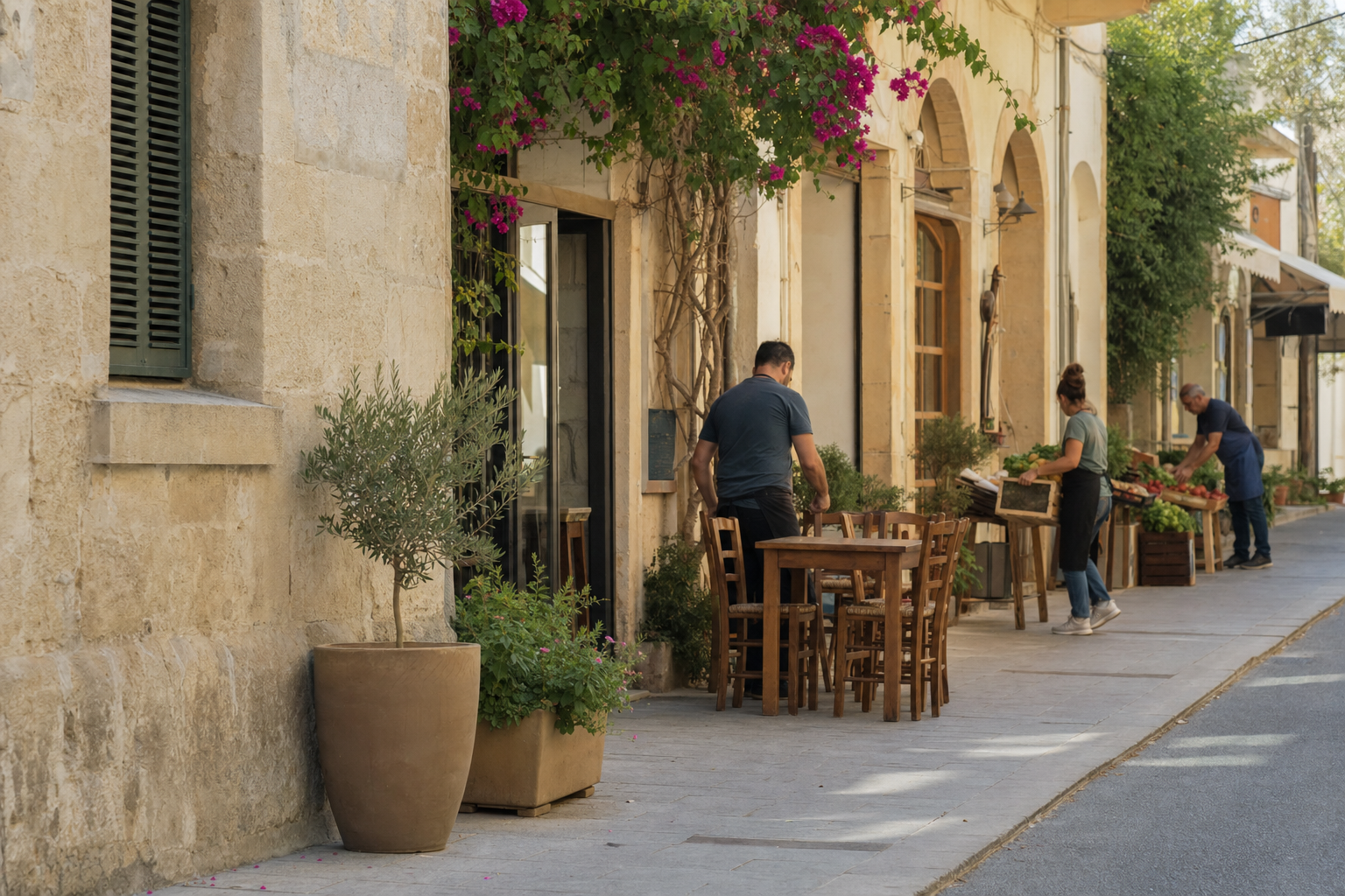Local owners preparing a cafe and produce stall on a Cyprus street